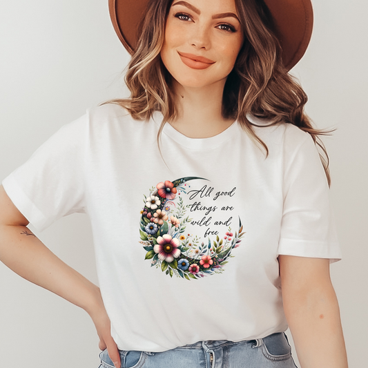 All Good Things Are Wild And Free Shirt, Mother's Day Gift, Mom Flowers Tee, Mama Moon Tshirt (Mom-27)