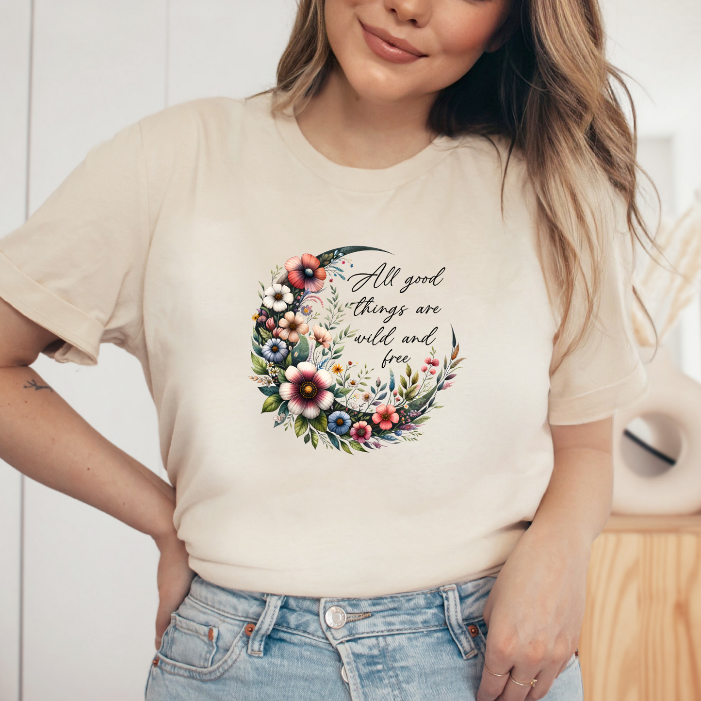 All Good Things Are Wild And Free Shirt, Mother's Day Gift, Mom Flowers Tee, Mama Moon Tshirt (Mom-27)